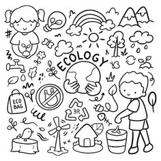 a black and white drawing of children's drawings with the word ecology written on it