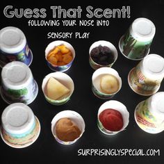 there are many cups that have different foods in them with the words guess that scent following your nose into