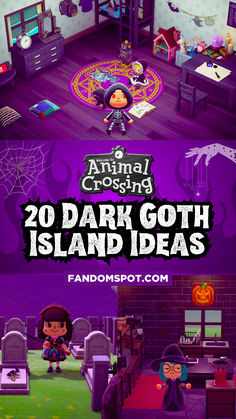 an animal crossing game poster with the title, 20 dark goth island ideas for halloween