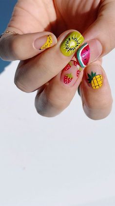 Fruit Themed Nails, Fruity Nails, Nails Fruit, Fruit Nail Designs, Fruit Nails, Fruit Nail, Kids Nail Designs, Food Nails, Fruit Nail Art