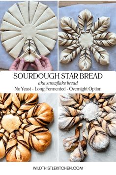 sourdough star bread is shown in four different stages and has been made into a snowflake