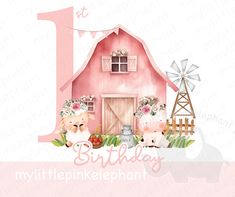 a pink barn birthday card with the number one and farm animals in front of it