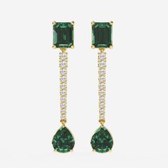 9X7mm Emerald Cut, 10x8mm Pear Cut Created Emerald and 3/4 ctw Round Lab Grown Diamond Linear Earrings 14K Yellow Gold Artsy Earrings, Linear Earrings, Harry Potter Wedding, Emerald Color, Green Gemstones, Pear Cut, Emerald Cut, Cute Jewelry, Lab Grown