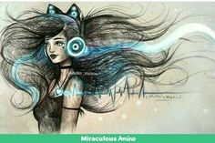 a drawing of a woman with long hair and cat ears on it's head