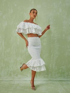 Wisteria Ruffle Off Shoulder Hollow Set In White Halloween Crop Top, Halloween Skirt, Blouse Skirt, Backless Mini Dress, M 4, Embroidery Dress, Halloween Dress, Off Shoulder Tops, Cardigan Tops