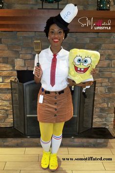 a woman dressed up as spongebob holding a frying pan and spatula