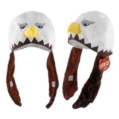 two eagle headbands are shown with one wearing an eagle's beak and the other has a brown band