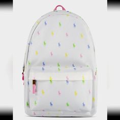 Polo Ralph Lauren Womens/Girls Multi Pony Player Print Backpack. *New With Tags Trendy White Backpack, Trendy White School Backpack, Cute Everyday White Backpack, Cute White Everyday Backpack, White Preppy Backpack For Students, White Standard Backpack For Back To School, Preppy White Standard Backpack, White Everyday Backpack For Back To School, Casual White School Backpack