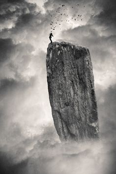 a man standing on top of a large rock in the middle of clouds with birds flying around