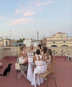 a group of women sitting at a table on top of a roof with a dog