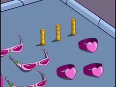 pink sunglasses laying on top of a blue floor next to gold poles and stacks of coins