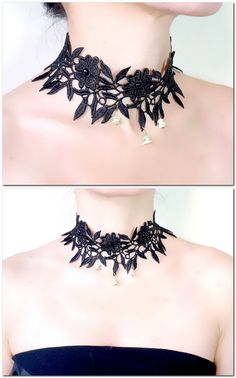 black lace choker necklace// green gem stones beaded // floral gothic boho // Fabric jewelry cocktail / gift for her Gothic Jewelry Diy, Black Lace Choker Necklace, Kalung Manik-manik, Gothic Boho, Black Lace Choker, Lace Choker Necklace, Lace Crafts, Green Gem, Lace Choker