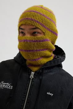 Woven stripe pattern balaclava. Classic winter-ready hood with a plush fabrication. Features Stripe pattern balaclava Plush woven hood Allover stripe pattern Content + Care 100% Acrylic Spot clean Imported | Stripe Pattern Balaclava in Green, Men's at Urban Outfitters Men’s Balaclava, Mens Crochet Gifts, Balaclava Aesthetic Men, Balaclava Aesthetic, Balaclava Men, Men's Balaclava, Crochet For Men, Knitted Gifts, Crochet Hood