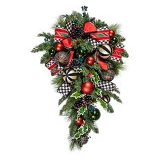 a christmas wreath with ornaments hanging from it