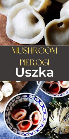 mushrooms are being cooked in small bowls on a cutting board with text overlay that reads mushroom pieri uzka