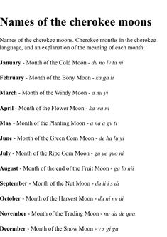 the names of the cherokee moons are shown in this text description for each month