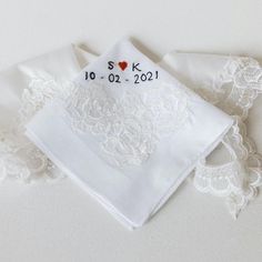 custom wedding handkerchief made with bride's mother's wedding dress lace by The Garter Girl Party Face Masks, Velvet Turban, Mother Wedding, Wedding Handkerchief, Mother Wedding Dress, Ring Bearer Pillow, Bridal Garter, Happy Tears, Bachelorette Gifts