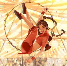 a woman in red dress flying through the air on top of a hoop with people watching