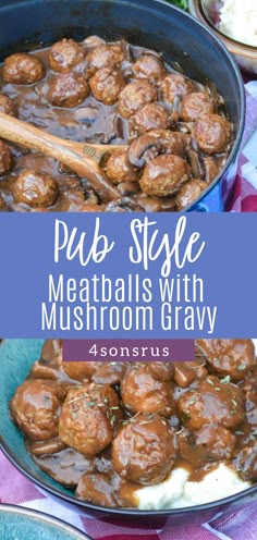 meatballs with mushroom gravy in a skillet on top of a table