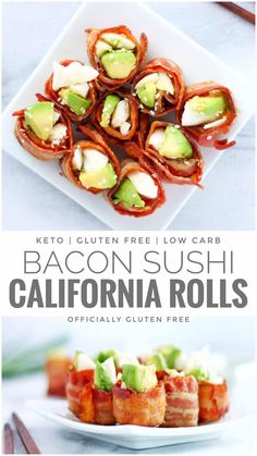 bacon sushi rolls with guacamole and avocado on top