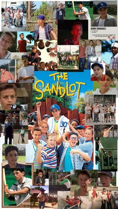 the sandlot movie poster collage with many different pictures and people around it, including one man holding a baseball bat