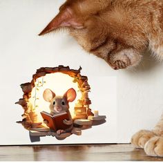 a cat looking at a mouse reading a book through a hole in the wall that has it's image cut out