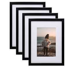 four black and white frames with an image of a child on the beach in the background