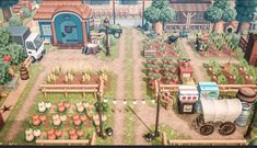 an animated image of a farm with various vegetables and fruit growing in the garden area