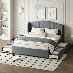 a bed sitting on top of a white rug in a bedroom