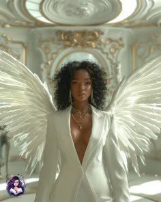 a woman with large white wings on her body in a white suit and necklaces