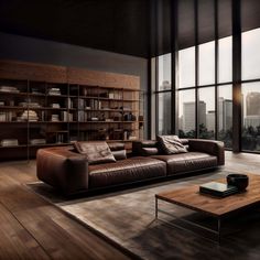 a modern living room with large windows and wooden flooring, leather couches in front of bookshelves