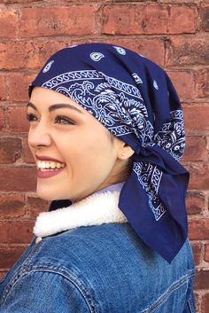 Cotton fabric head scarf   Thank you or birthday gift idea  Closed head cover for men and women. Uptown Girl Headwear brand Shade of NAVY blue is slightly darker than scarf in picture. ❤️ Feels like there's almost nothing on your head  ❤️ Sportswear activewear. Great for the gym, runs or walks. ❤️ New slip on fitted style ❤️ Fits like a hat. Slips on like a hat. Looks like a regular bandana scarf so that you blend in. ❤️ Easy on easy off ❤️ Elasticized and gathered at the back  ❤️ 100% cotton ❤️ Chemo Scarves, Chemo Beanies, Bandana Hair, Cotton Bandanas, Uptown Girl, Hair Net, Scarf Casual, Bandana Hairstyles, Hair Scarf