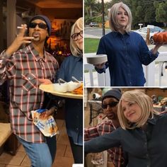 four pictures of people eating and drinking at an outdoor event, one woman is holding a tray with hotdogs on it