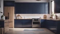 a kitchen with blue cabinets and wooden floors