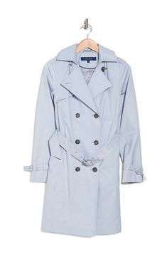 A solid, belted trench coat features a removable hood, notch lapel, double-breasted closure and side pockets in a versatile, classic design.- Detachable drawstring hood- Notch lapel- Long sleeves with buckle cuffs- Front double breasted button closure- Detachable waist belt- 2 side pockets- Solid color- Shoulder epaulets- Back vent- Lined- Approx. 37.5" length (size S)- Imported Approx. 37" length  Model's stats for sizing:. Height: 5'10". Bust: 32". Waist: 24". Hips: 34" Model is wearing size S Belted Raincoat For Fall, Spring Outerwear For Rainy Weather With Button Closure, Spring Raincoat With Button Closure For Rainy Weather, Spring Rainy Weather Outerwear With Button Closure, Spring Belted Pea Coat, Hooded Belted Spring Outerwear, Solid Color Raincoat With Button Closure For Spring, Spring Hooded Belted Outerwear, Spring Raincoat With Button Closure