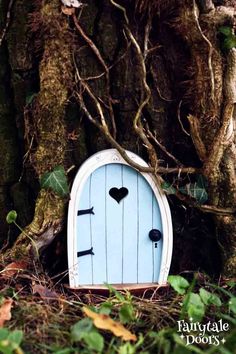 a small blue door sitting in the middle of a tree