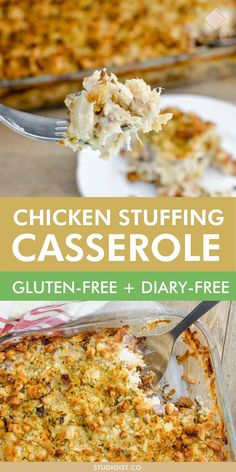 chicken stuffing casserole with text overlay