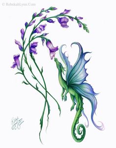 a drawing of a green dragon with purple flowers in it's tail and wings