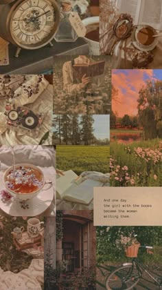 a collage of pictures with an old fashioned bicycle and flowers in the foreground