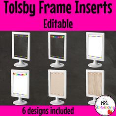 four computer screens with text that reads tolsby frame inserts editable 6 designs included