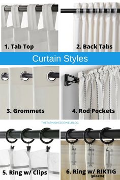 the instructions for how to tie curtains in different styles and colors, including curtain clips