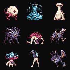 some pixel art with different types of animals and people in them, all on black background