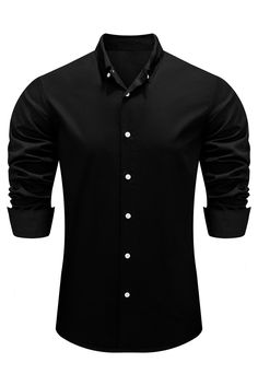 Black Plain Button-down Men’s Shirt Black Shirt With Button Closure And Casual Collar, Black Slim Fit Shirt With Spread Collar, Black Cotton Collared Dress Shirt, Black Slim Fit Shirt With Casual Collar, Black Button-up Business Top, Black Button-up Top For Business, Black Cotton Dress Shirt For Spring, Black Slim Fit Cotton Dress Shirt, Black Business Shirt With Buttons