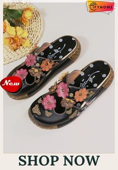 Vintage Floral Mules Clog Shoes Spring Non-slip Flat Heel Clogs, Spring Non-slip Round Toe Mules, Casual Spring Clogs With Round Toe, Black Flat Heel Clogs For Spring, Spring Slip-on Non-slip Clogs, Spring Non-slip Slip-on Clogs, Spring Non-slip Slip-on Mules, Summer Non-slip Brown Clogs, Clog Shoes