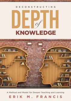 a book cover with two heads facing each other in front of a brick wall and bookshelves