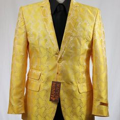 Brand New. Yellow Patterned Blazer. Yellow Fitted Elegant Blazer, Fitted Elegant Yellow Blazer, Gold Luxury Blazer For Spring, Luxury Gold Blazer For Spring, Yellow Formal Summer Blazer, Elegant Yellow Suits For Spring, Summer Formal Yellow Blazer, Tailored Gold Blazer For Spring, Designer Fitted Gold Blazer