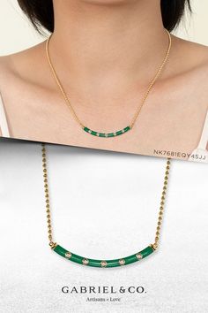 Enamel - 14K Yellow Gold Diamond Bar Necklace with Dark Green Enamel
NK7681EQY45JJ