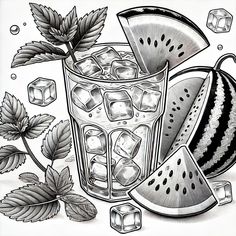 a drawing of watermelon and ice cubes in a glass with leaves on the side