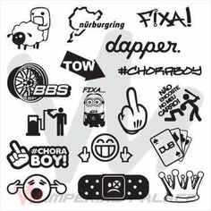 various stickers that are on the side of a white sheet with black and white lettering