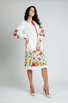 The summer dress has embroidered sleeve and the clasp treated embroidered lace. The main motive of embroidery - poppies, daisies, cornflowers and viola. Please, select you size: Bust S 84-88(cm) 33-35,5 (inches) M 92-96(cm) 36.2-37,7 (inches) L 100-104(cm) 39,3-40,9 (inches) XL 108-112(cm) 42.5-44 (inches) XXL 116-120(cm) 45.6-47.2 (inches) Hips S 92-98 (cm) 36,2-38,6 (inches) M 99-106(cm) 39-41.7 (inches) L 107-115(cm) 42.1-45.3 (inches) XL 116-125(cm) 45.7-49.2 (inches) XXL 126-135(cm) 49.6-53 Embroidered Midi Dress For Garden Party, Embroidered Knee-length Midi Dress For Garden Party, Garden Party Midi Dress With Embroidered Hem, Midi-length Embroidered Dress For Garden Party, White Peasant Embroidered Dress, Garden Party Midi-length Embroidered Dress, Knee-length Embroidered Dress With Floral Embroidery For Garden Party, Cotton Midi-length Embroidered Dress With Floral Print, Cotton Embroidered Midi Dress With Floral Print